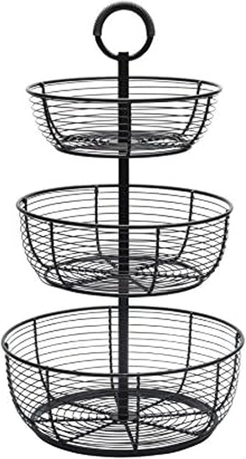 Gourmet Basics by Mikasa Round Wrap 3-Tier Metal Floor Standing Fruit/Home Storage Basket, Easy Assembly, Antique Black