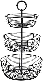 Gourmet Basics by Mikasa Round Wrap 3-Tier Metal Floor Standing Fruit/Home Storage Basket, Easy Assembly, Antique Black
