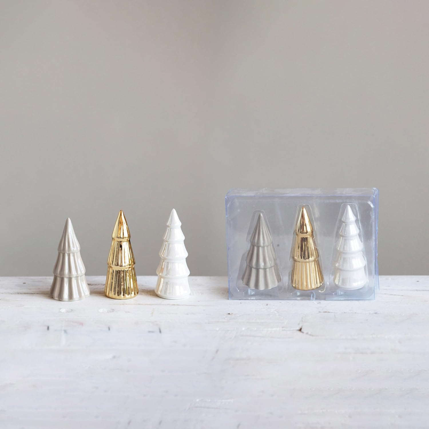 Creative Co-Op 1-1/2" Round x 3-1/4"H Stoneware Trees, Grey, Gold & White, Boxed Set of 3 Figures and Figurines, Multi