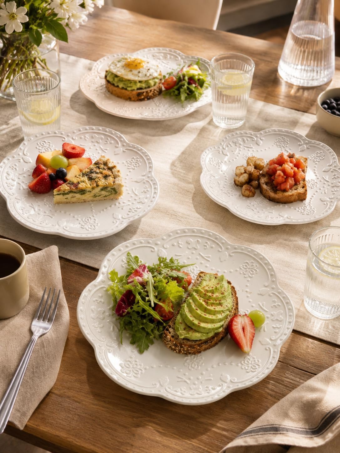 8 Inch Ceramic Salad Plates Set of 4, White Embossed Floral Butterfly Appetizer Plates with Scalloped Edge, Dessert Plates for Salad, Breakfast, Snacks, Microwave Oven Dishwasher Safe