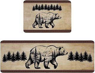 Brown Black Bear Kitchen Rugs and Mats Non Slip Washable Set of 2, Farmhouse Cabin Forest Vintage Kitchen Runner Rugs Mats for Floor Laundry Room Hallway 23.6"x35.4"+23.6"x70.9"