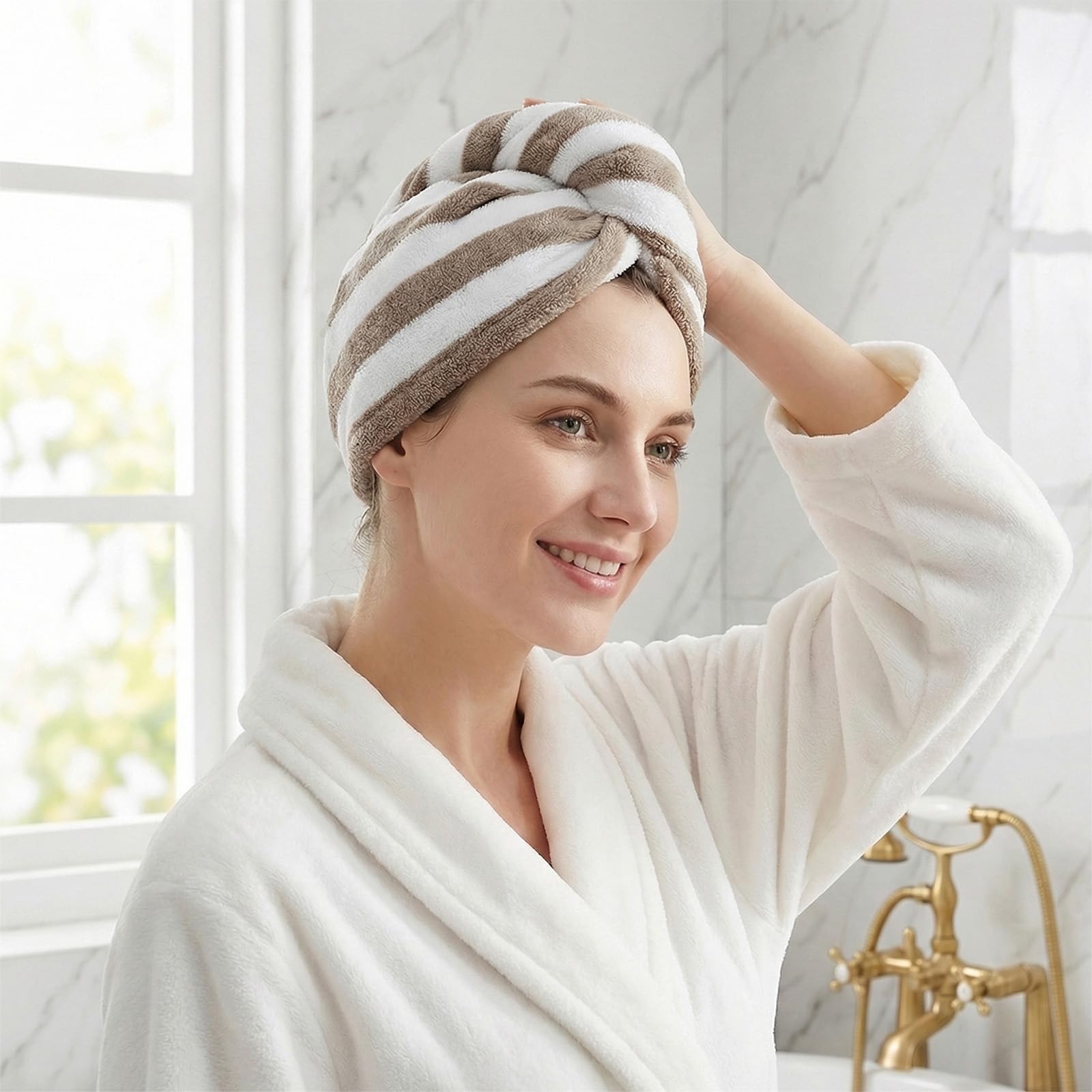 Toalla turbante suave para el cabello, toalla de secado de pelo, botón para absorber el cabello de secado rápido, turbante de microfibra para el cabello largo y rizado para mujer (gris y rosa) — view 11