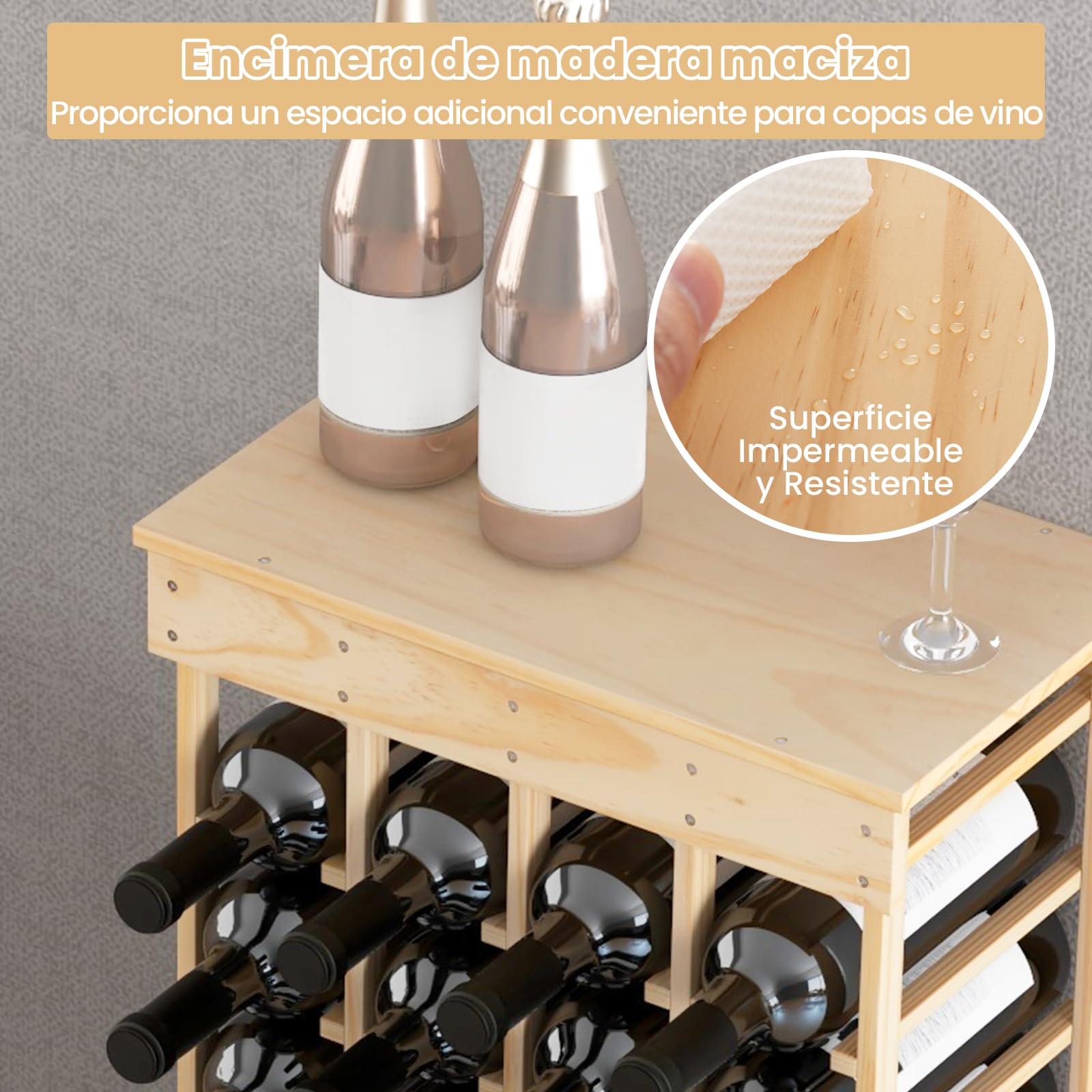 GOPLUS Botellero Independiente para 40 Botellas, Estante de Almacenamiento de Vino con Tablero, Dispositivo Antivuelco, Estante para Botellas de Madera Maciza de 10 Niveles, Natural