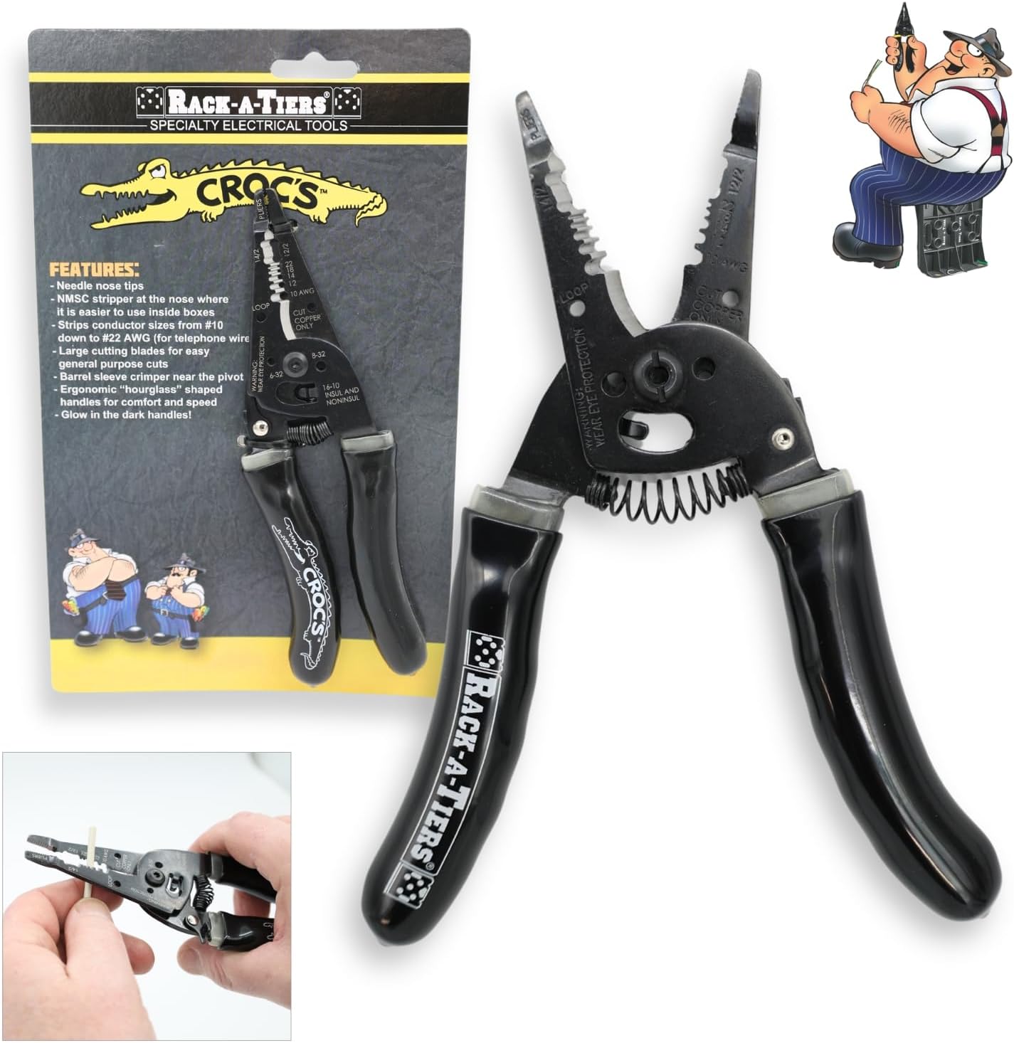 Rack-A-Tiers Croc's Sr. Needle Nose Wire Strippers, AWG 10-22, Electrician Wire Crimper & Stripper, Wire Stripper Cutter, Ergonomic Glow-in-the-Dark Handles, Wire Insulation Stripper (47000)