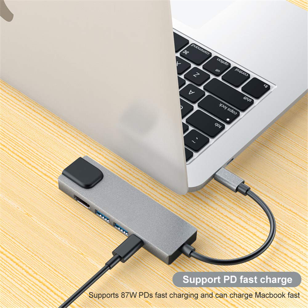 Tianle Hub USB C Ethernet, adaptateur multi-ports 5 en 1 avec port Gigabit Ethernet, HDMI 4K, charge USB C PD et 2 USB 3.0 compatible avec console Switch, MacBook, iPad, Surface, 5 en 1