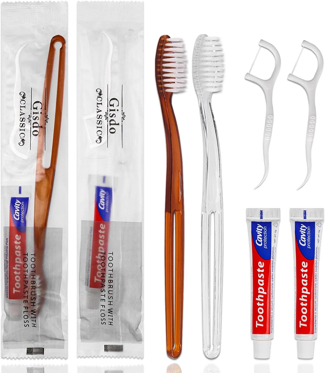 100 pcs Disposable Toothbrushes with Toothpaste Floss Individually Wrapped, 2 Color Disposable Toothbrush Bulk, 10g Toothpaste, Dental Floss Pick for Homeless,Airbnb,Hotel,Guest