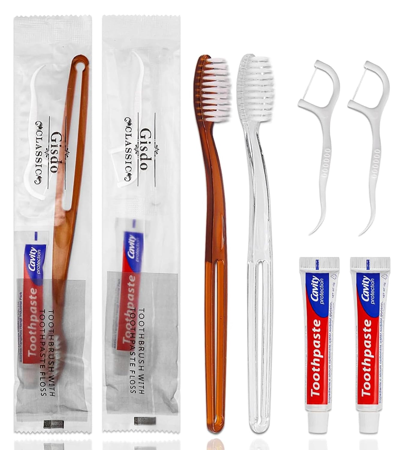 10 Escovas de Dente Gisdo com Creme Dental de 10g e Fio Dental Individualmente Embalados, 2 Cores, Bulk de Escovas para Hotel, Airbnb e Convidados