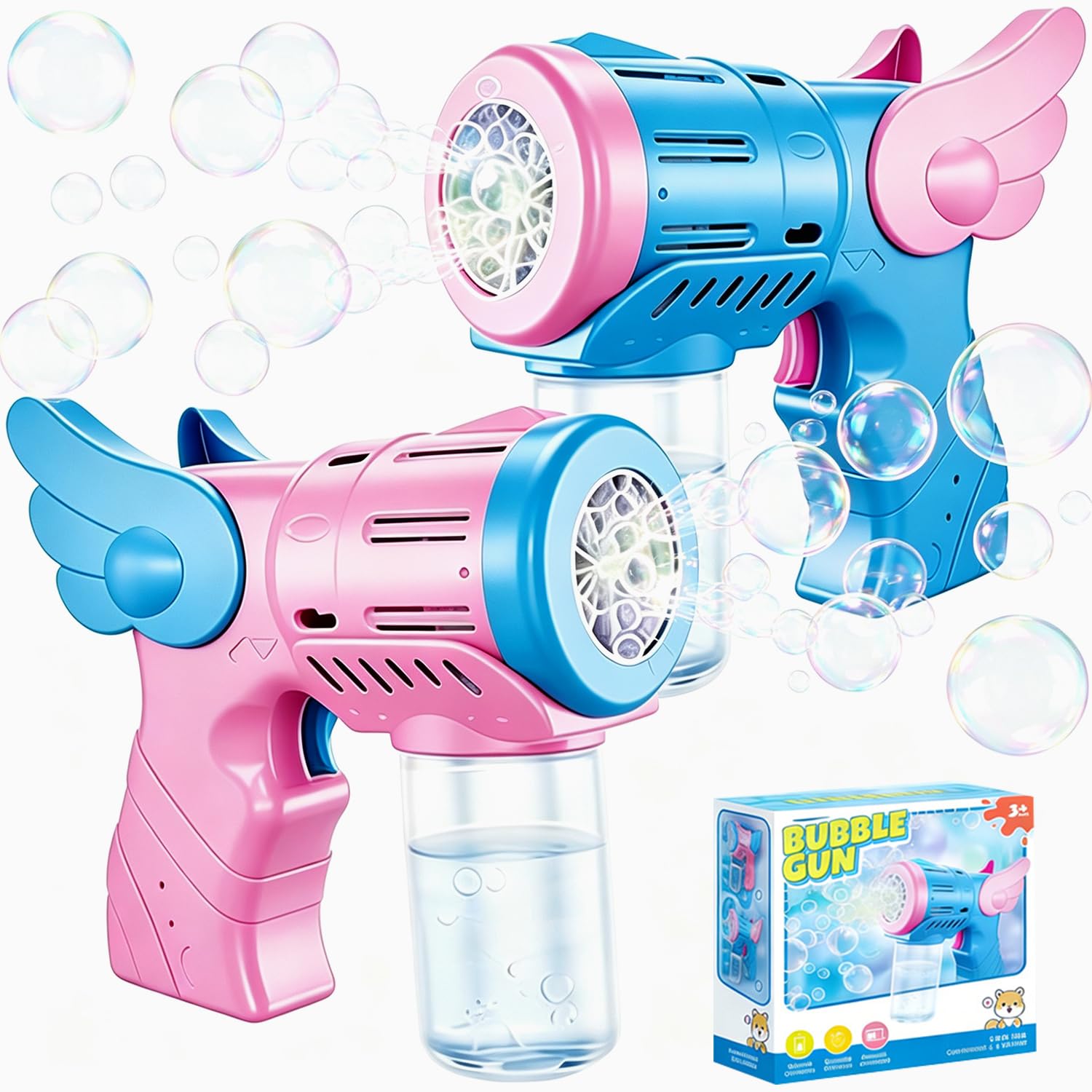 Angel Bubble Machine, Angel Bubble Machine Gun Automatic Bubble Blower with Light Music and Bottles Solution Bubblemaking Kit Automatic Bubbles Makers for Outdoor Party Wedding Birthday Summer-blue