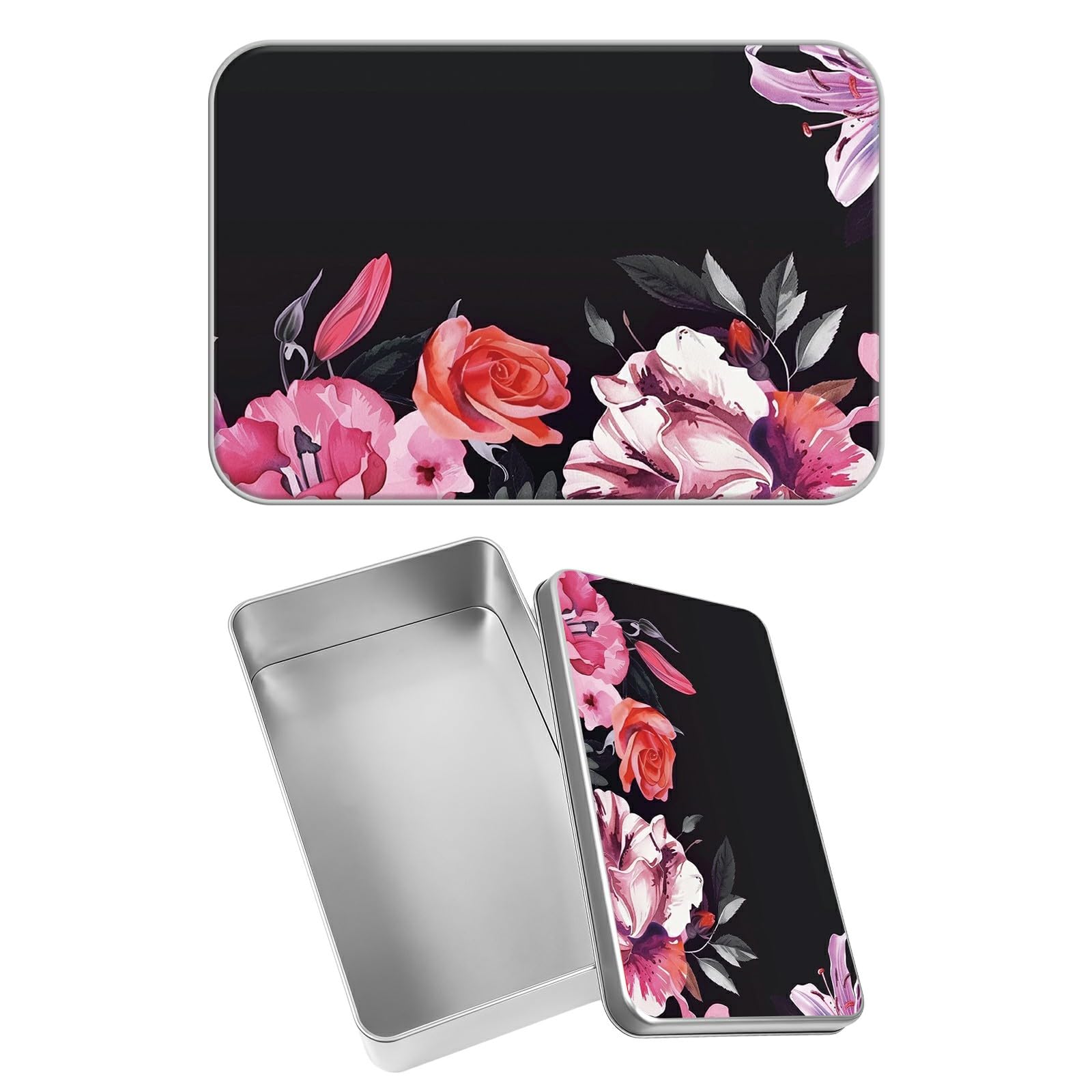 Rectangular Metal Tin Box with Removable Lid, Beauty Flowers Decorative Printed Metal Storage Container for Sweets Jewelry Tea Candies Cakes 7 x 4.33 x 2.17 inch– Single Pack