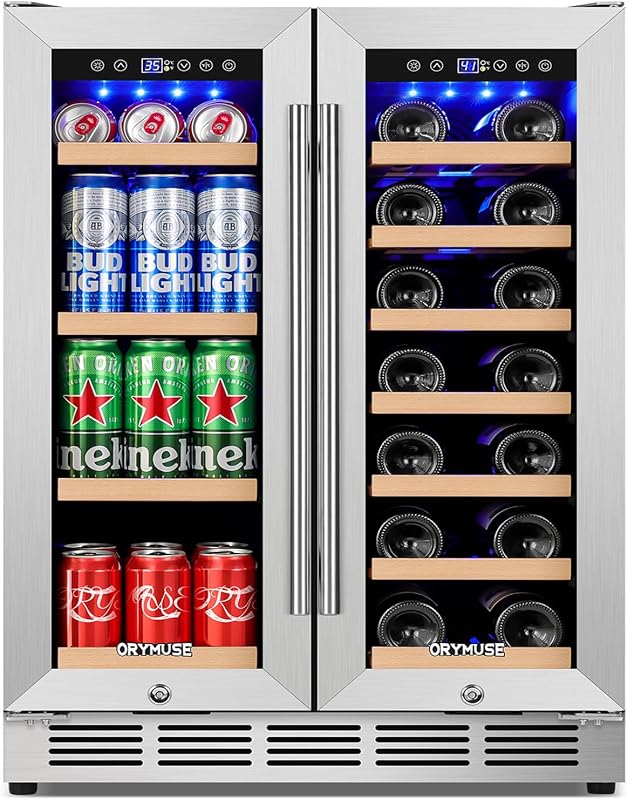Refrigerador para vinos y bebidas de doble zona de 24 pulgadas, refrigerador incorporado o independiente con puertas francesas, refrigerador para bebidas con compresor mejorado para cerveza, vino y refrescos