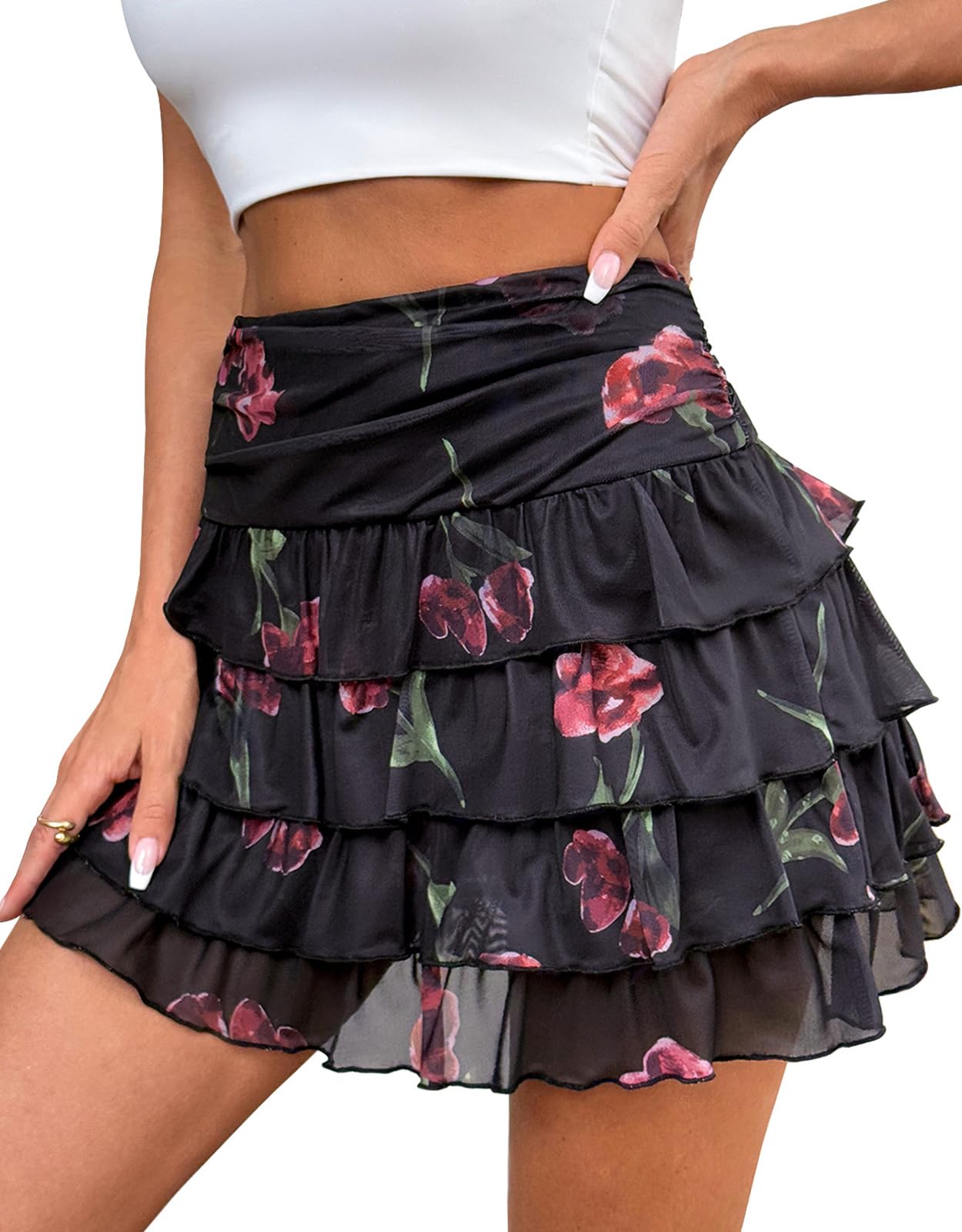Adigaber Donna Volants Mini Gonna Vita Elastica Gonna a Strati in Tulle con con Pantaloncini