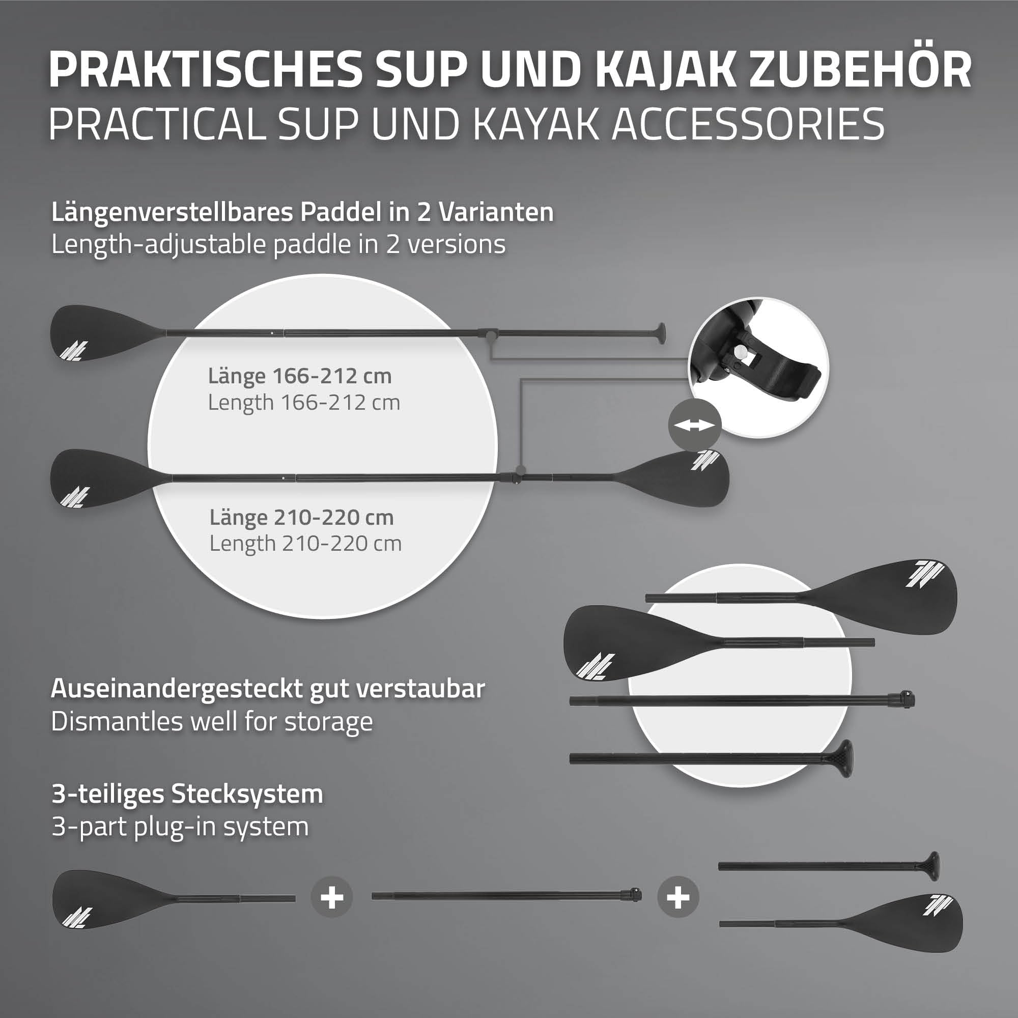 ECD Germany 2-in-1 Paddel für SUP/Kajak, 4-teiliges Kajakpaddel aus Aluminium, Länge individuell verstellbar, Doppelpaddel Stechpaddel Teleskoppaddel Stand Up Paddle Zubehör für Kanusport Kajakfahren