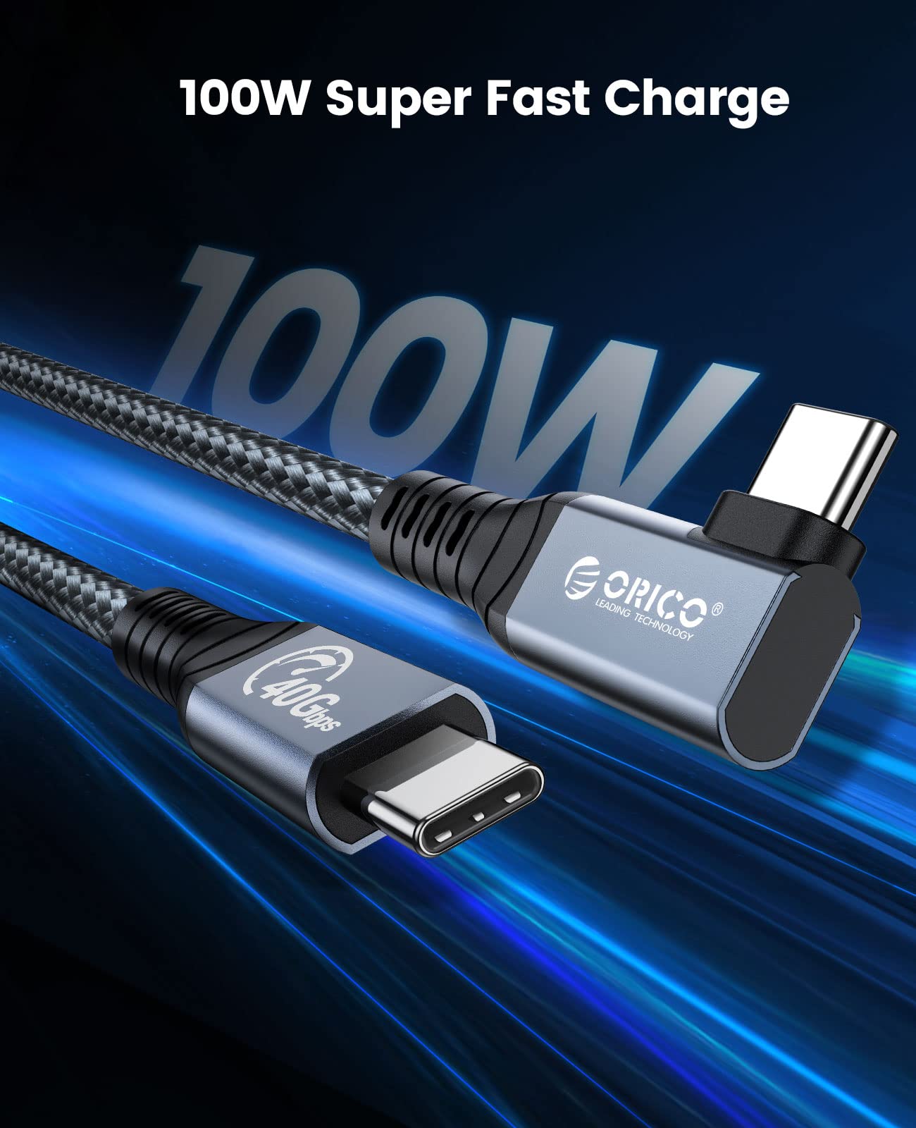 ORICO Kabel voor Thunderbolt 4, compatibel met Thunderbolt 3/USB4, overdrachtssnelheid 40Gbps, 8K @60Hz (twee displays 4K @60Hz) met PD 100W (20V/5A) voor pc, eGUP en laptops (rechterhoek, 2 m