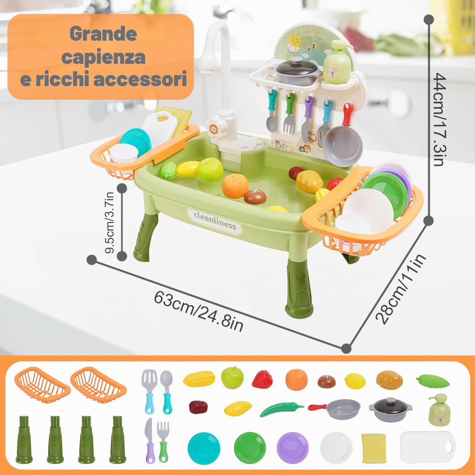 Lavello giocattolo con acqua di rubinetto,Lavandino Giocattolo per Bambini,Set di giocattoli da cucina con rubinetto funzionante con Portapiatti e Giocattoli Alimentari per ragazzi ragazze 3 4 5 6