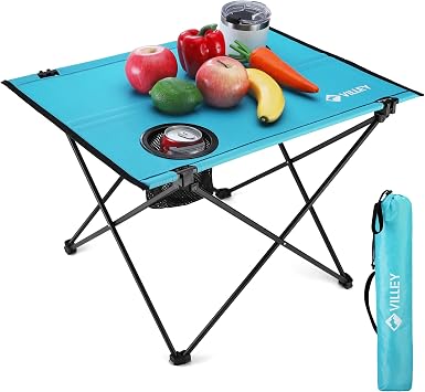 VILLEY Folding Camping Table, Portable Table with 2 Cup Holders, Small | Portable & Lightweight 1.87 lbs, 600D Oxford Fabric, 50 lbs Capacity, 2 Cup Holders, Carry Bag for Camping, Beach & Fishing