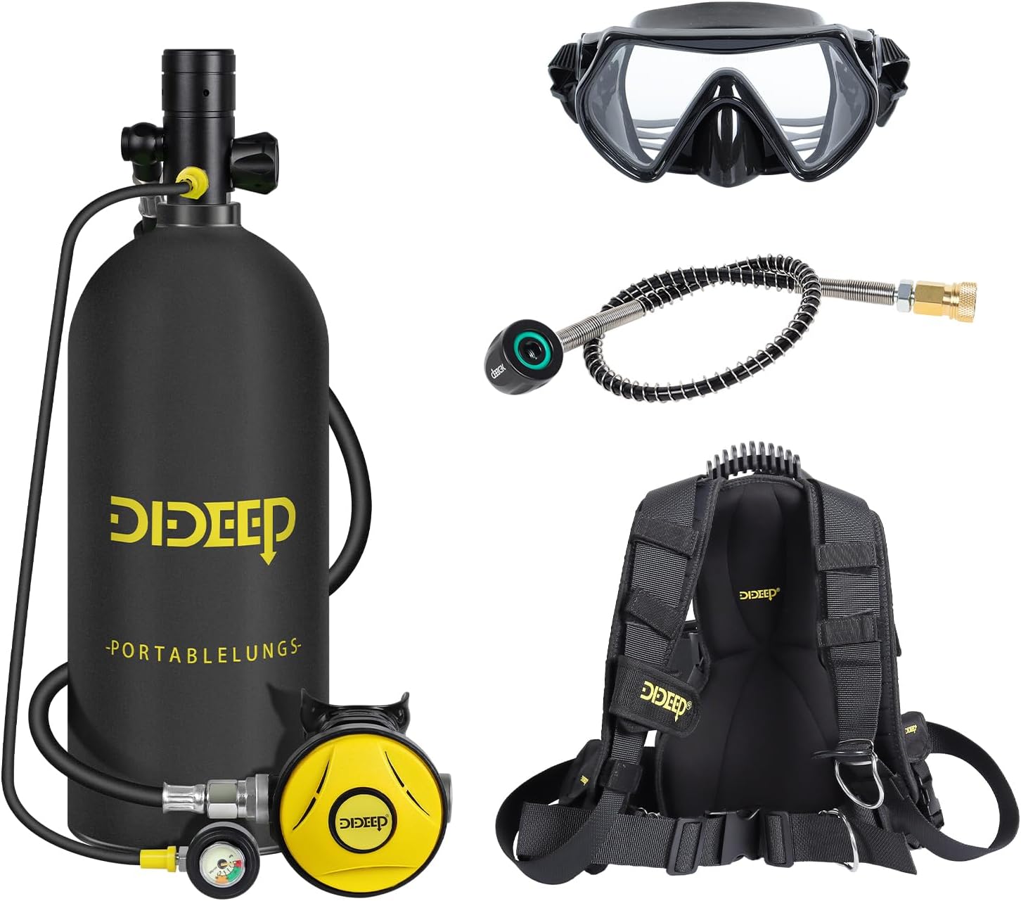 DIDEEP 3L Capacity Scuba Tank Set, with Double Shoulder Clip, Support About 35-50 Minutes Underwater Breathing Time, for Free Diving,Emergency Rescue