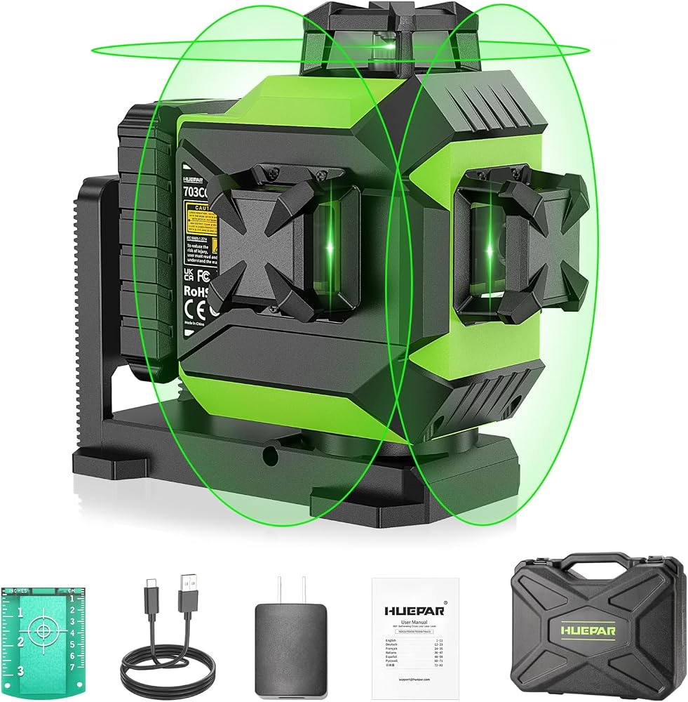 Huepar 3 x 360 Laser Level Self-leveling 3D Green Beam Cross Line 12 Lines Tiling Floor Laser Tool -360 Horizontal/Vertical Laser Lines -rechargeable & Integrated Magnetic Bracket 703CG