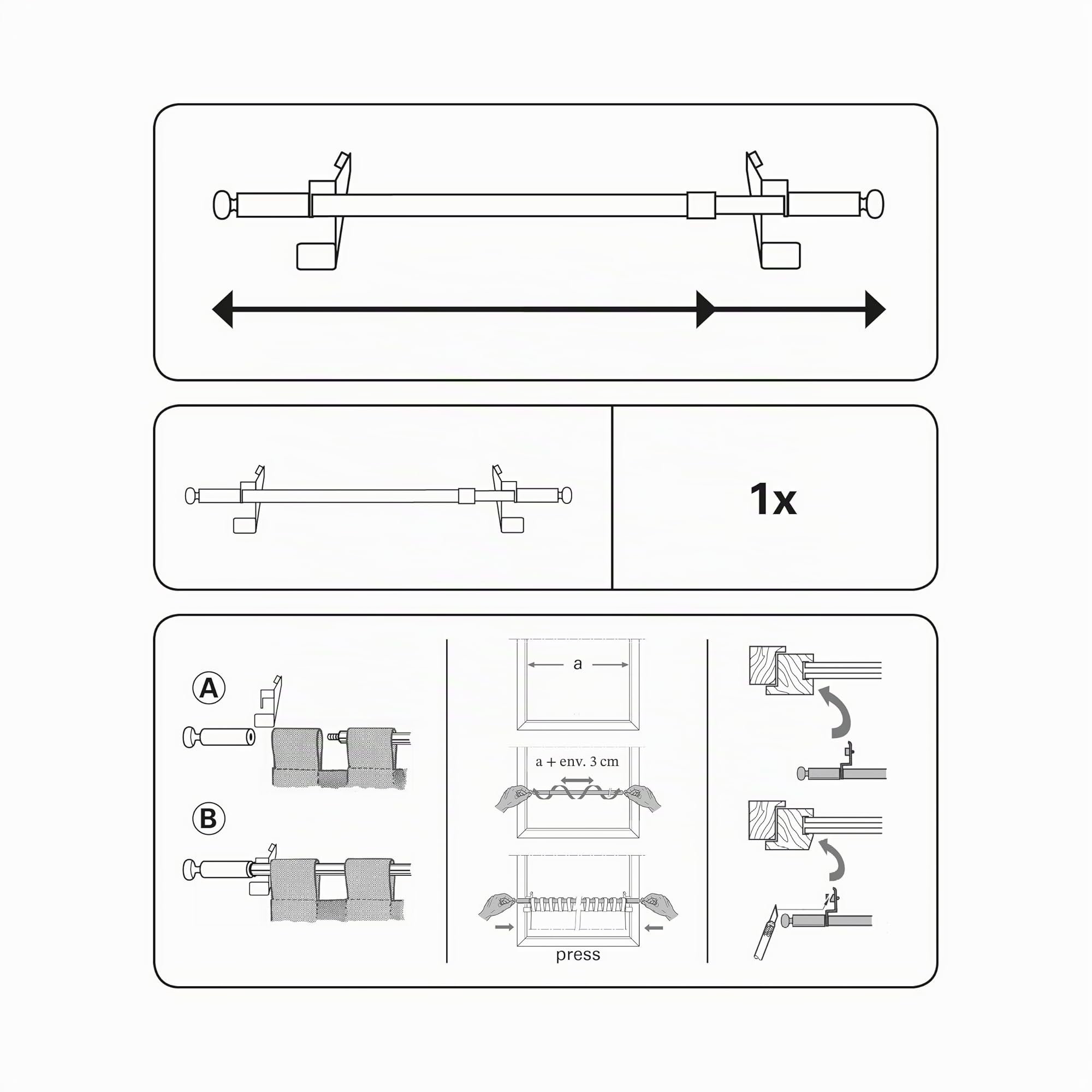 GARDINIA Tringle de vitrage, Fixation par pression, Barre extensible, Pose sans vis et sans perçage, Press&Go Filigrano, Boule, Diamètre: 8/10 mm, Longueur: 30-50 cm, Métal, Blanc (Lot de 6)