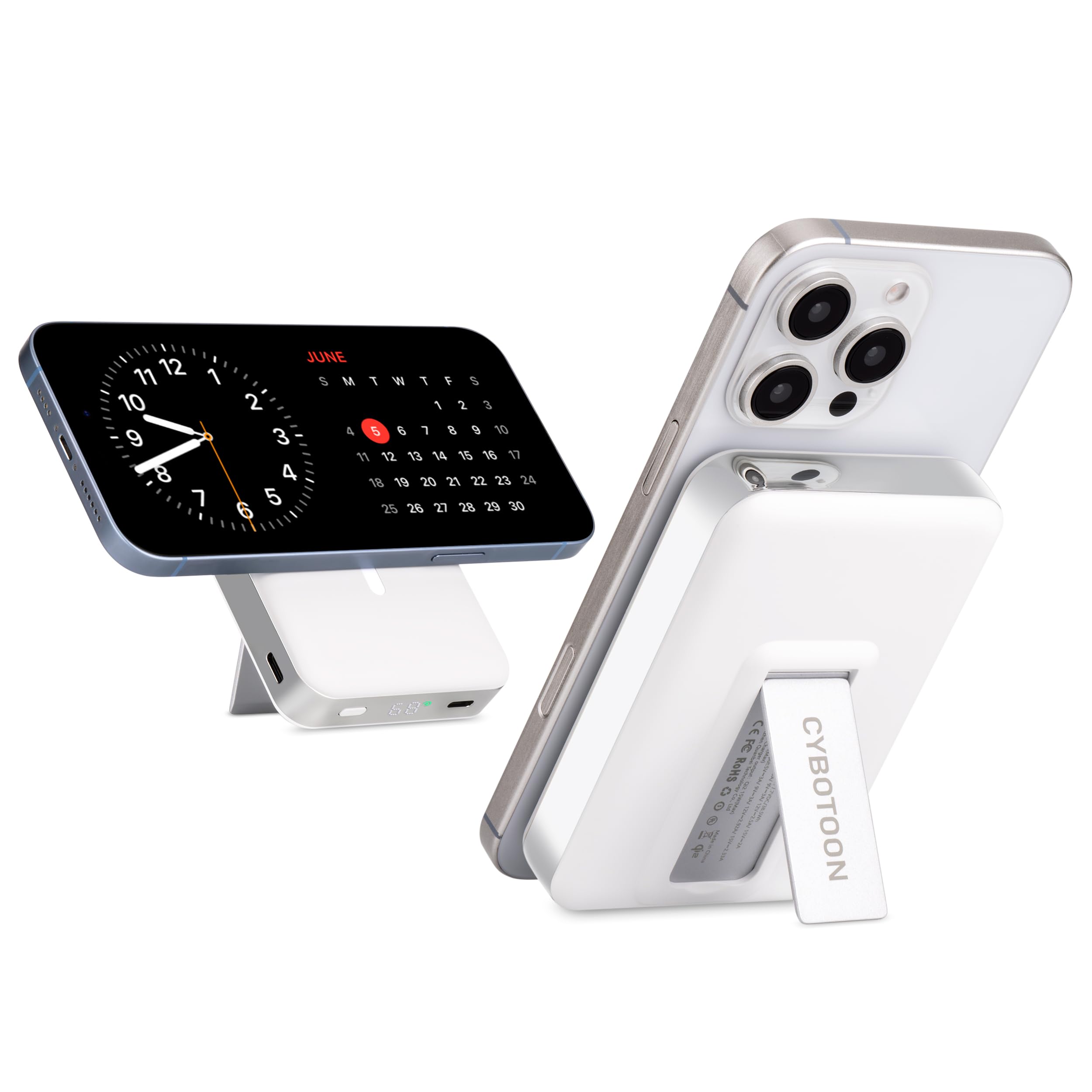 cybotoon for MagSafe Battery Pack, Qi2 Certified 15W for iPhone 16/15/14/13 Only, Dual USB-C Ports PD 35W, Portable Charger Magnetic Power Bank 10000mAh with LED Display and Foldable Stand, White