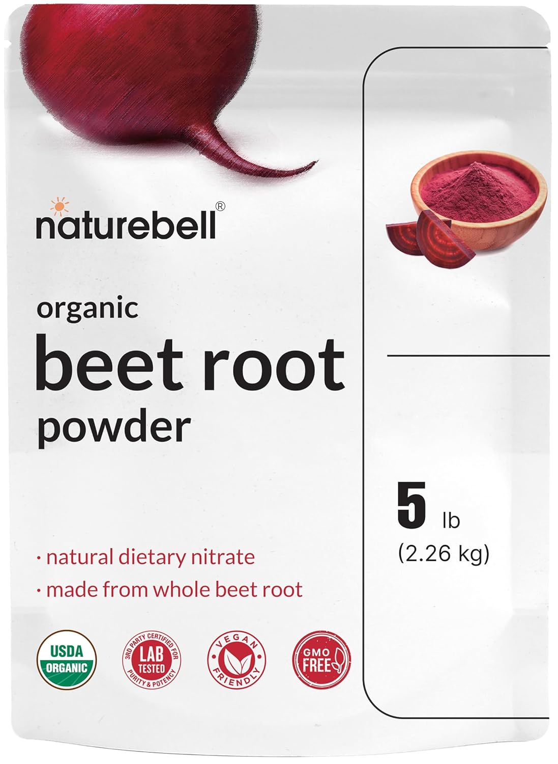 NatureBell Pó de Beterraba Orgânica 2268g | 4000mg por Porção – Fonte Concentrada de Beterraba Inteira | Altos Nitratos Dietéticos – Suplementos Superalimentares para Veganos