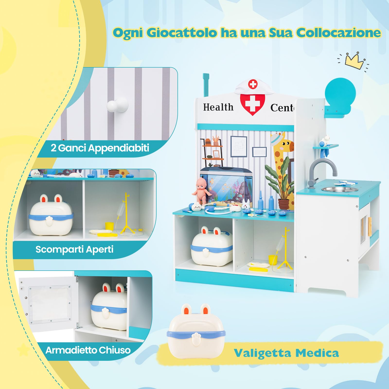COSTWAY Kit Dottoressa Bambini a Tre Facce, Centro Medico Giocattolo in Legno con Monitor ECG, Rubinetto e 27 Accessori, Luci e Suoni, Regalo Bambini 3-6 Anni, 93 x 54,5 x 98,5 cm