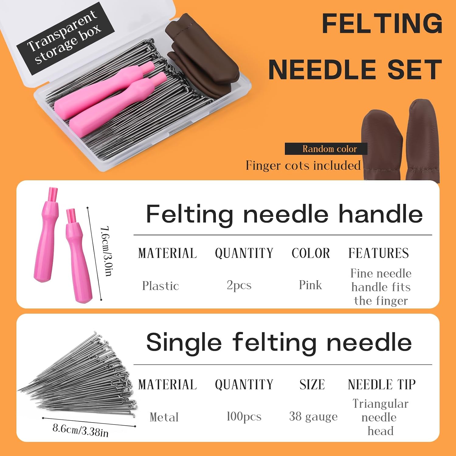 QMNNMA Needle Felting Needles, 100Pcs Wool Felting Needles, Needle Felting Tools Set with 2 Single Wooden Handle Storage Box Fingercots for Wool Projects(M)