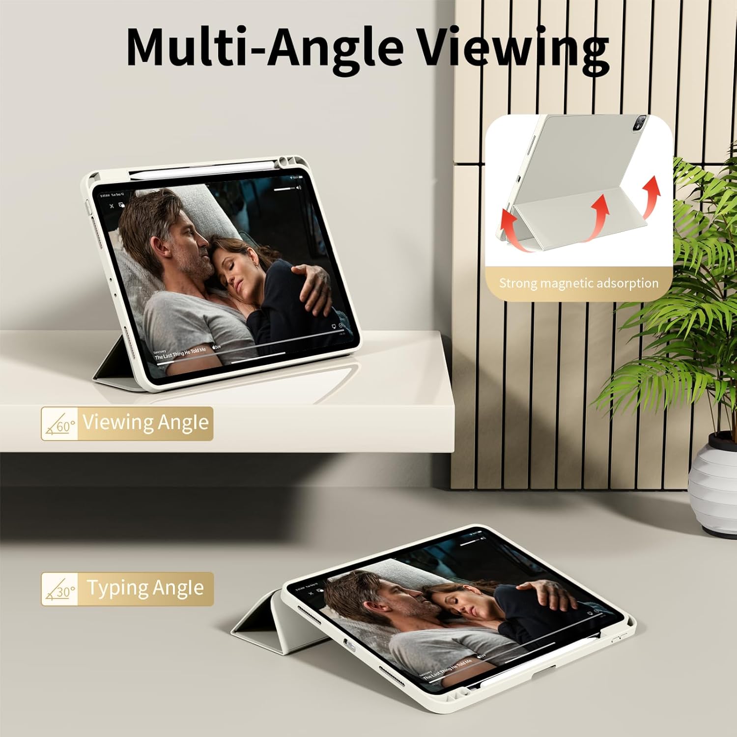 for iPad Pro 12.9 Case (6th/5th/4th/3rd Generation 2022/2021/2020) & ipad Air 13 inch case (M3 2025/M2 2024) with Pencil Holder, Smart Slim Trifold Stand Case with Soft TPU Back (Cream White)
