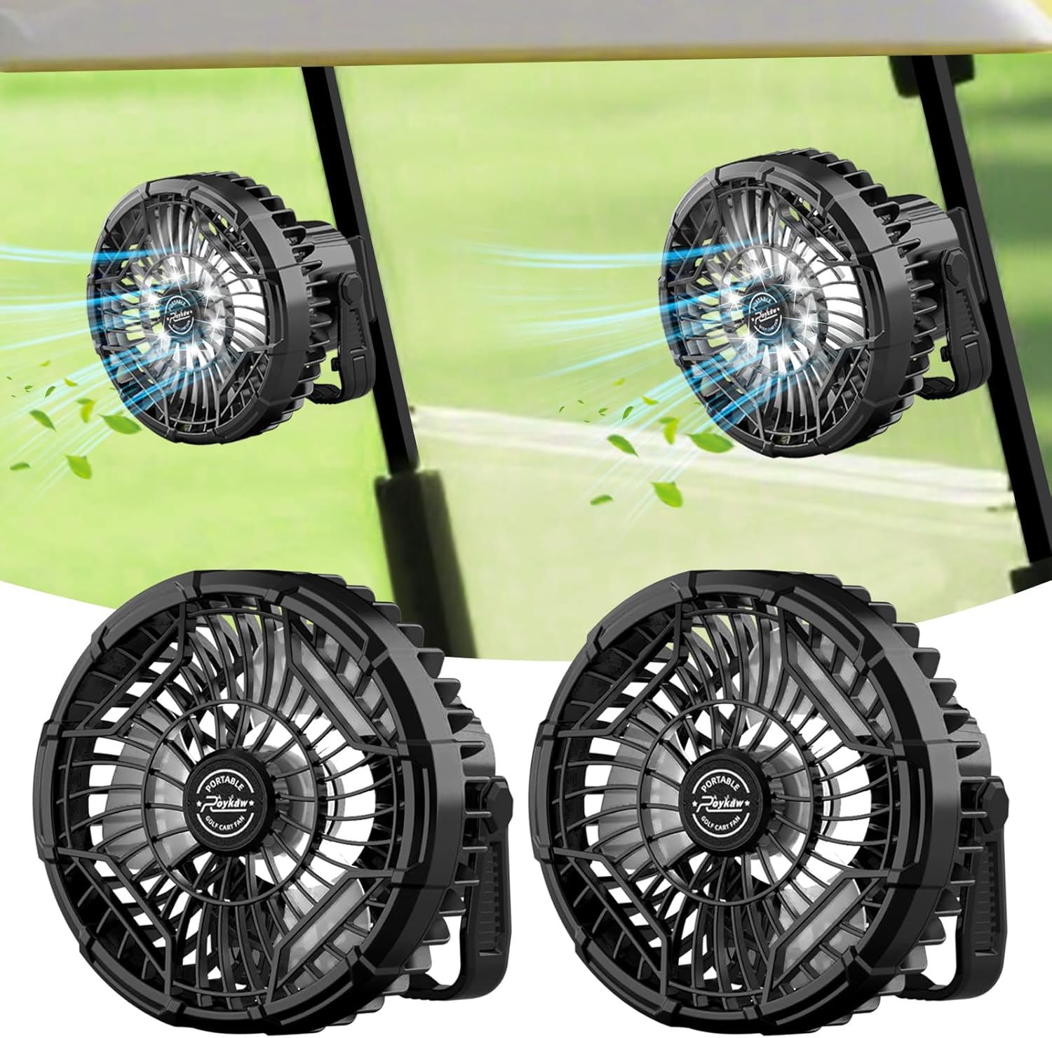 Roykaw 10400 mAh Magnetic Golf Cart Fan Portable Rechargeable Battery Powered, 24+ Hrs, w/LED Lights, Compatible with EZGO/Club Car/Yamaha & All Ironic-Body, Cordless & Remote Control, 1 PC