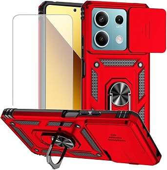 for Redmi Note 13 5G Case,2312DRAABG Case with Tempered Glass Screen Protector and Slide Camera Cover, Magnetic Ring Car Mount Holder Kickstand Protective Cover for Xiaomi Redmi Note 13 5G Red