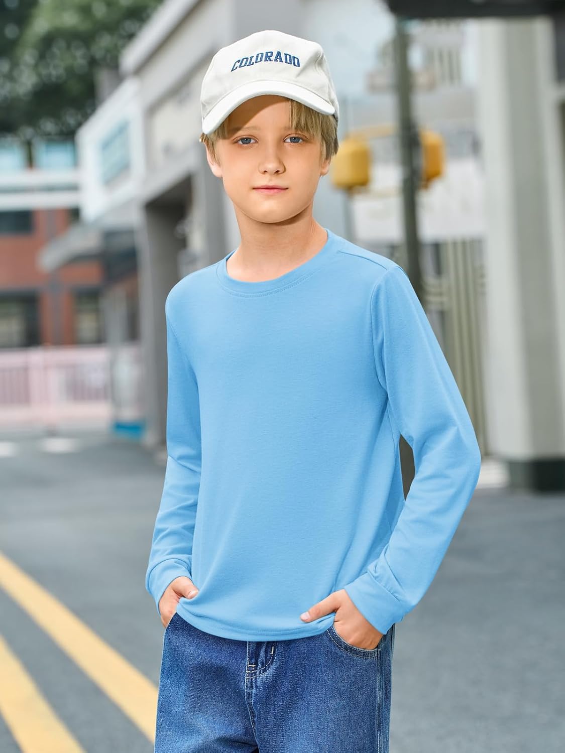 Haloumoning Boys Long Sleeve Shirts Kids Crewneck T Shirts Casual Tops Basic Tees 5-14 Years - Image 3