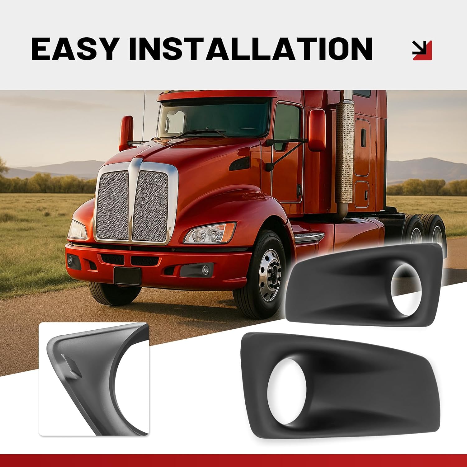 HECASA Pair Fog Light Bezel Compatible with 2008-2015 Kenworth T660 Replacement for N181002200 N181002200R Fog Lamp Cover Trim Black - Driver & Passenger Side