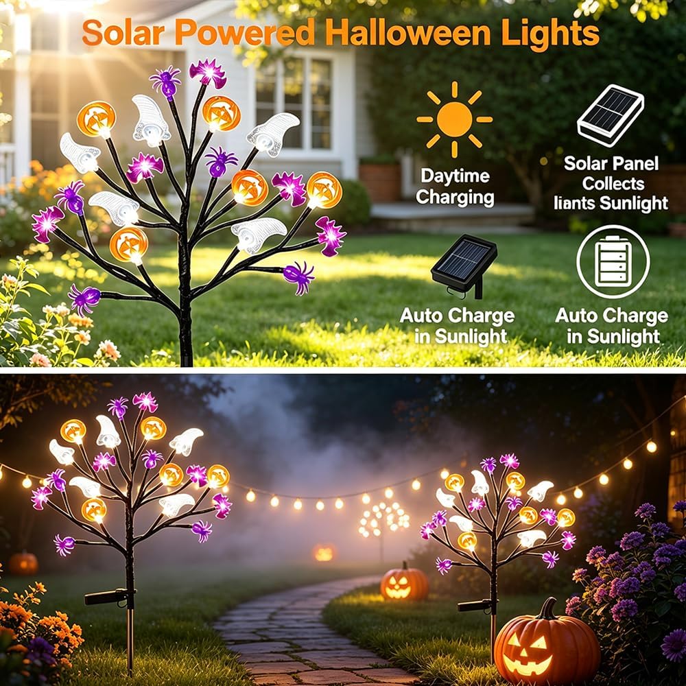 Solar Halloween Decorations Outdoor - 2Pack Solar Halloween Pathway Lights with 20 LED Ghosts Bats Spiders Pumpkin Lights for Garden Yard Pathway Walkway Decor, 8 Modes, White image 2