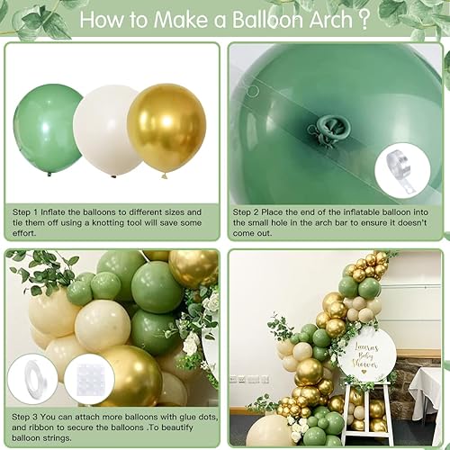 Miniatura 7 de Kiyiusan Guirnalda de globos verde salvia, kit de arco de 100 globos de color verde oliva retro con globos de arena blanca, globos dorados cromados