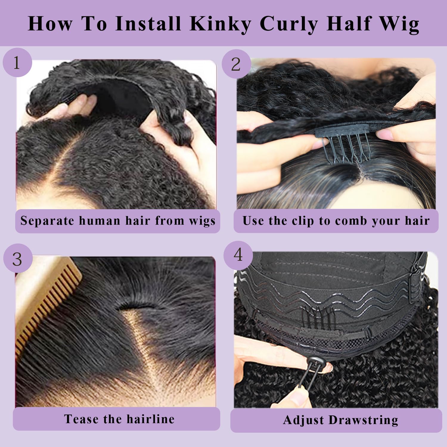Kinky Curly Half Wig Human Hair 200 Density 3 In 1 Seamless Flip Over Half Wigs Human Hair Glueless Wear and Go Beginner Friendly Kinky Curly Wig Human Hair Drawstring Headband Wig for Women 18 inch