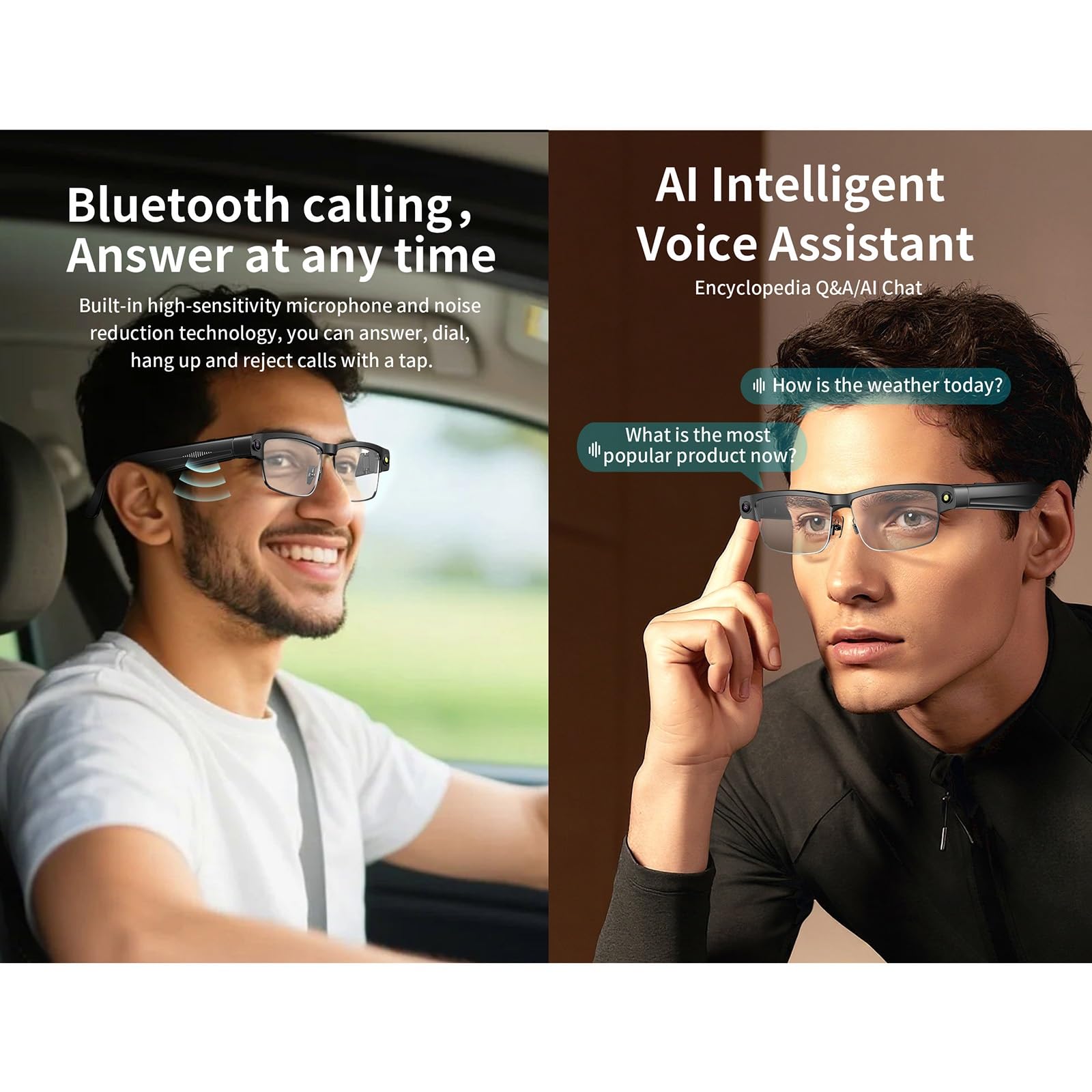 8MP Gafas Con Cámara, Gafas Inteligentes Con IA, Con Traducción En Tiempo Real Y Reconocimiento De Objetos, Estabilización De 1200p, Compatible Con IOS/Android, Para Viajes Y Negocios(White)