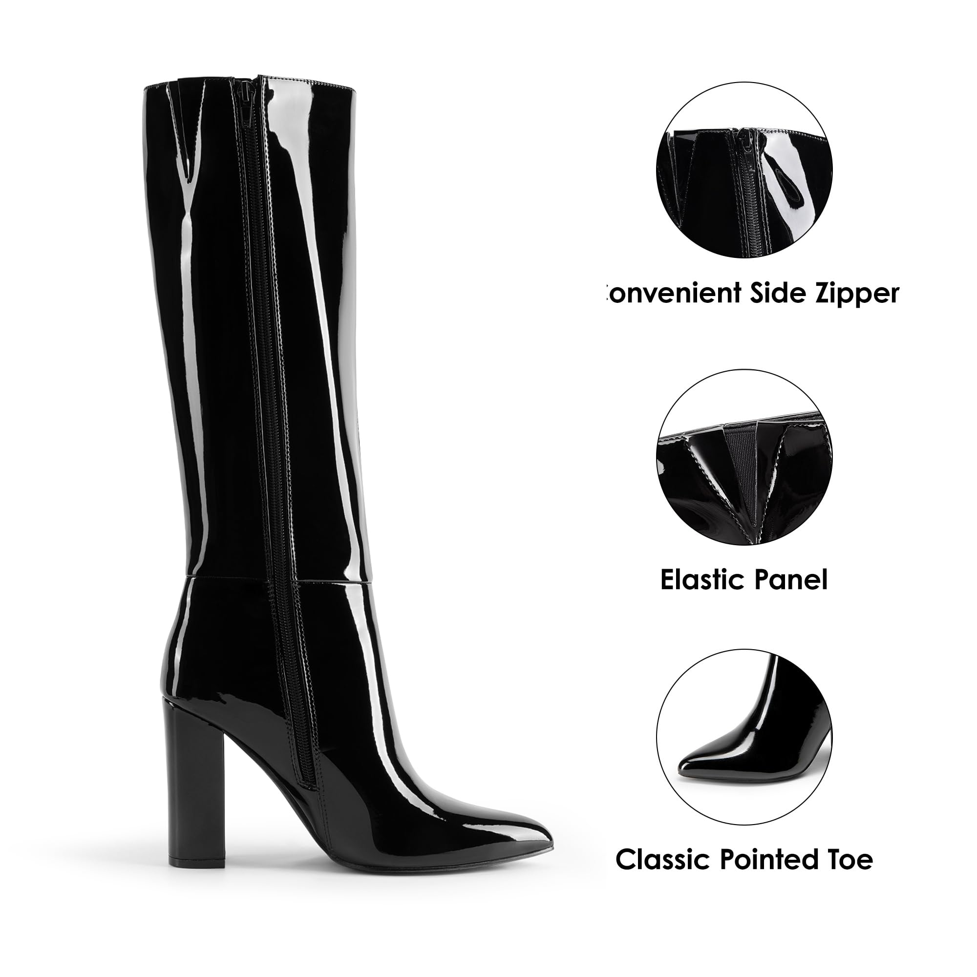DREAM PAIRS Stivali da donna al ginocchio, comodi tacco a blocco grosso, punta a punta, cerniera laterale, stivali da equitazione in pelle scamosciata SDKB2406W, Pat nero, 40 EU