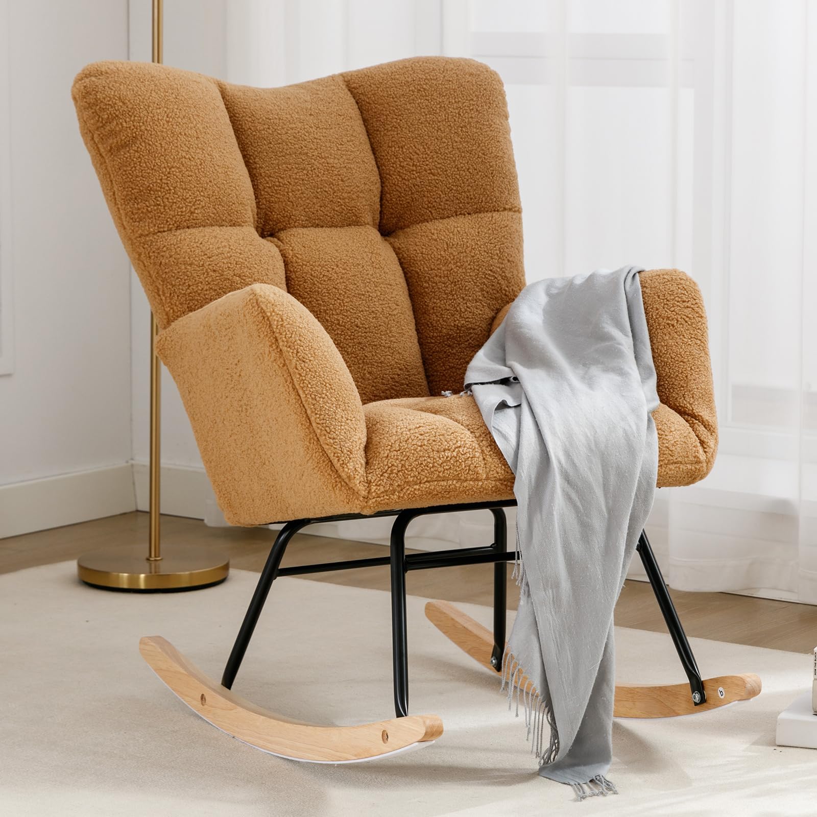 Nursery Rocking Chair Teddy Upholstered Glider Rocker Rocking Accent Chair Padded Comfortable Seat with High Backrest Armchair Comfy Side Chair for Living Room Bedroom Offices (Kahaki Teddy)
