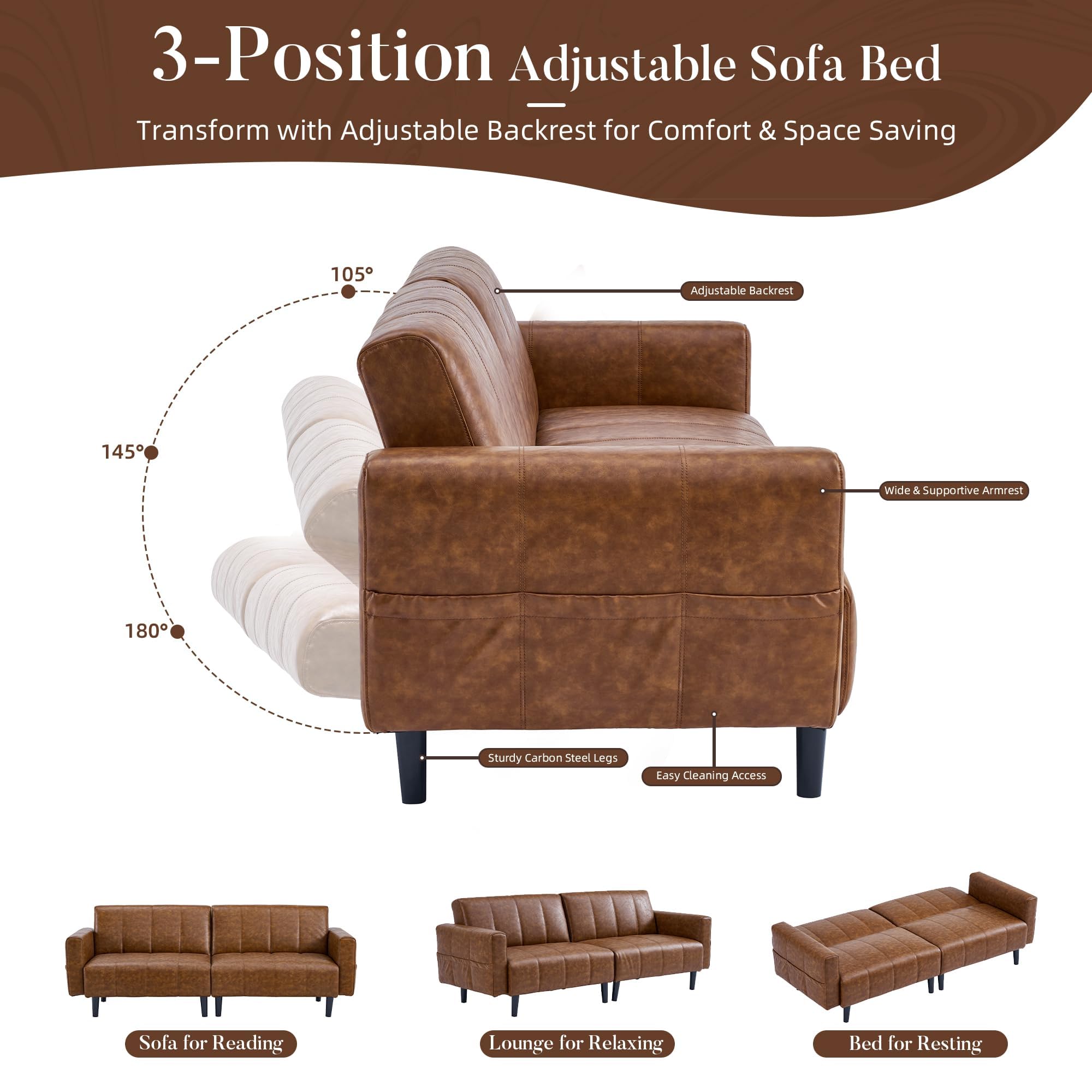Ledersofa, Sofa 3 Sitzer, Sofa mit Schlaffunktion, Schlafsofa, Wandelbares Ledersofa mit Verstellbarer Rückenlehne, Stauraum, Holz & Stahlrahmen, 195×74×77cm (Braun)