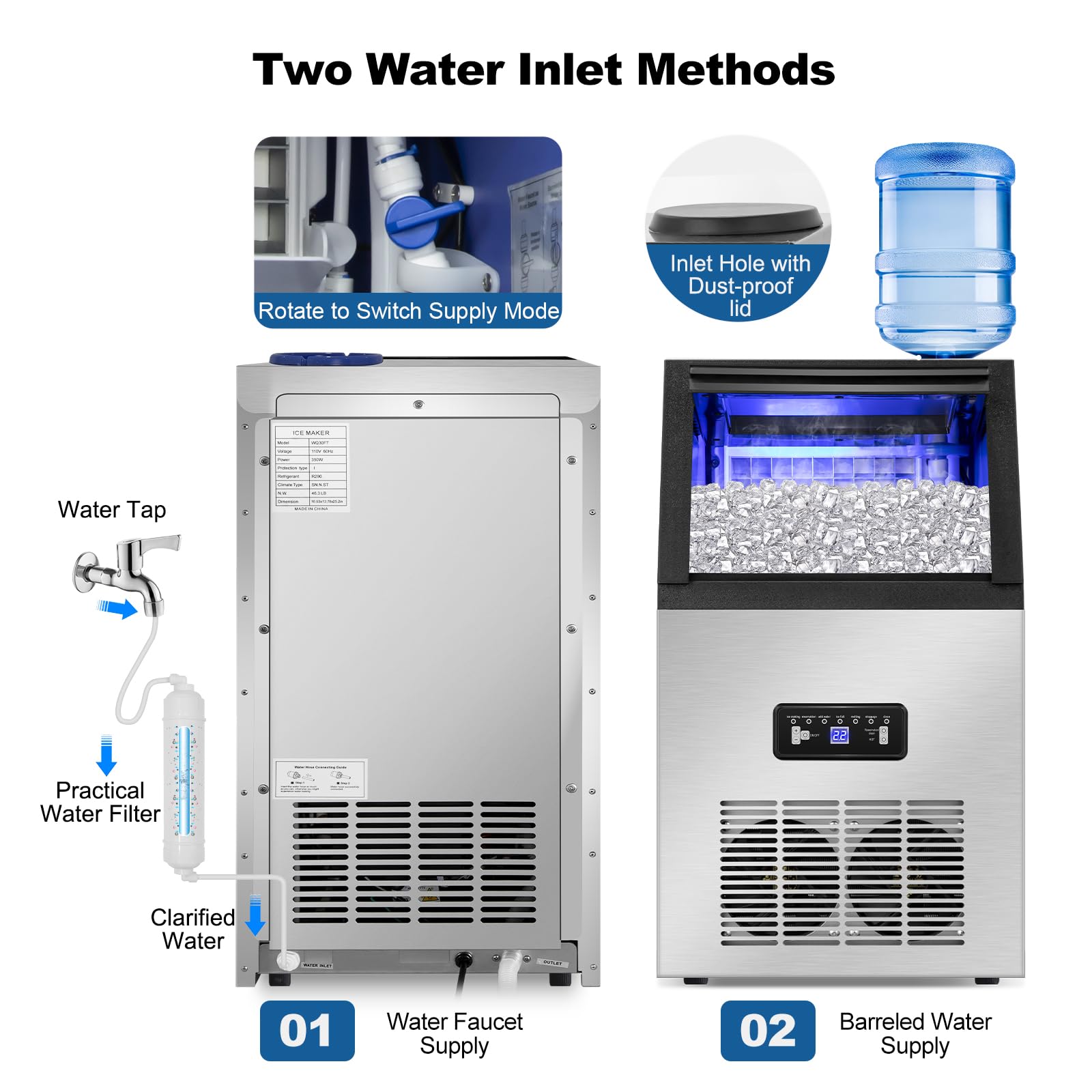 Commercial Ice Maker Machine 130lbs/24h With 2 Water Inlet Modes, 36pcs Ice Cubes In 8-15 Mins, Stainless Steel Under Counter/Freestanding Ice Machine With 28lbs Storage Bin For Home/Shop/Office/Bar on Fridge.com - View 2