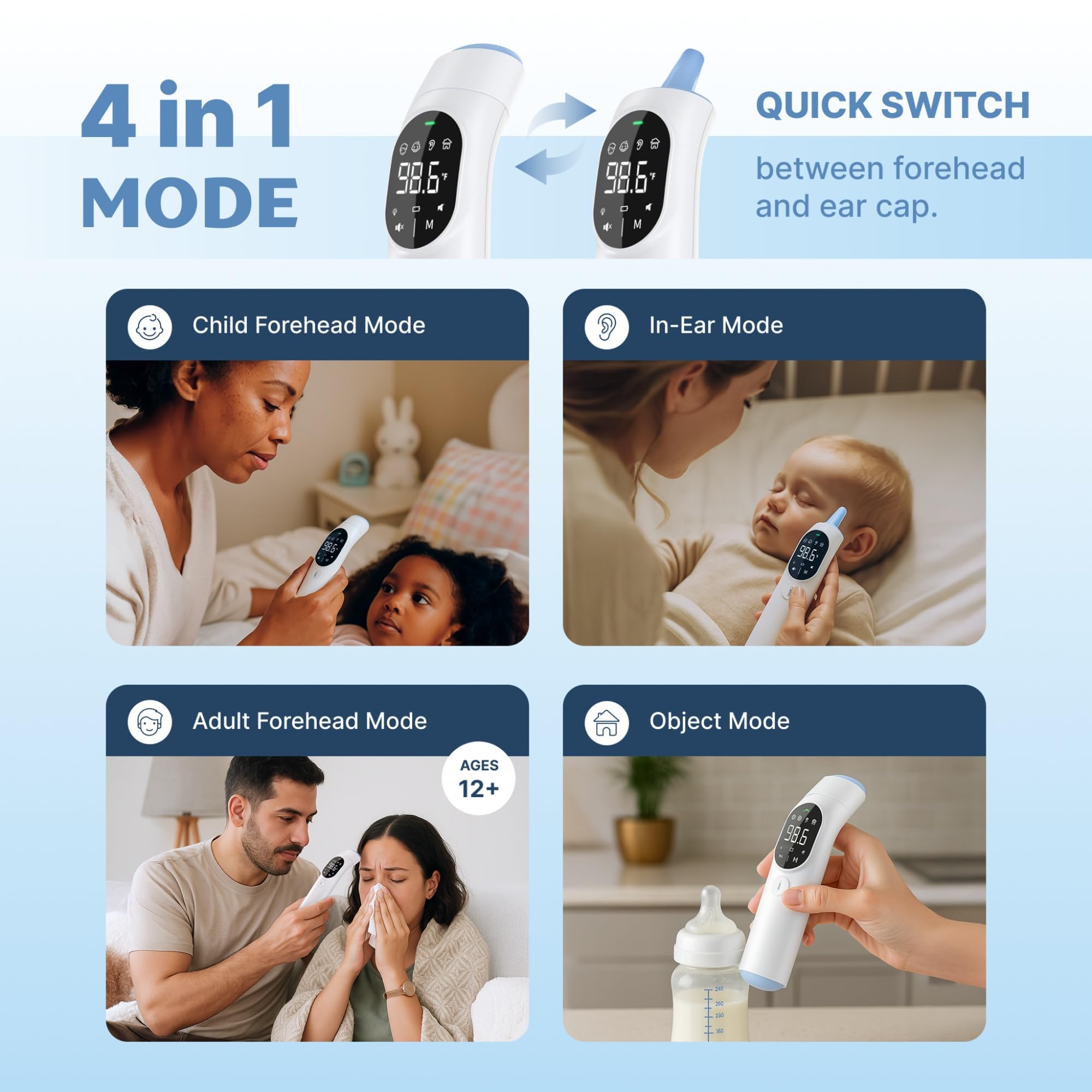 Digitales Infrarot-Thermometer mit Bluetooth, 4-Modi-Temperaturscanner für Stirn und Ohr, Farbanzeige, für 3 Monate und älter