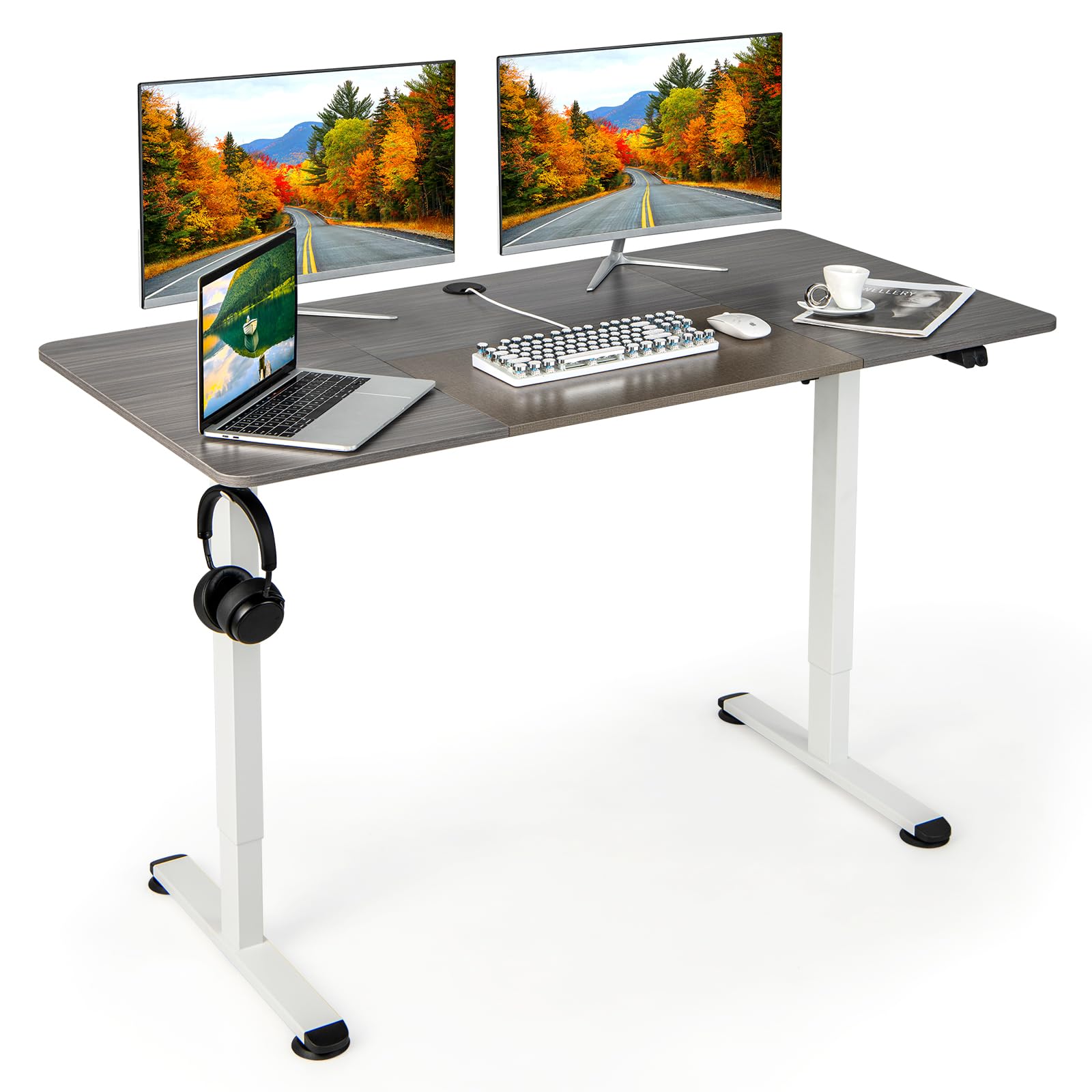 LIFEZEAL Escritorio Eléctrico de Pie, Mesa para Ordenador de 140 x 70 cm Ajustable en Altura con Estructura Metálica, Orificio de Cables, Escritorio de Trabajo Elevable para Oficina, Estudio (Gris)