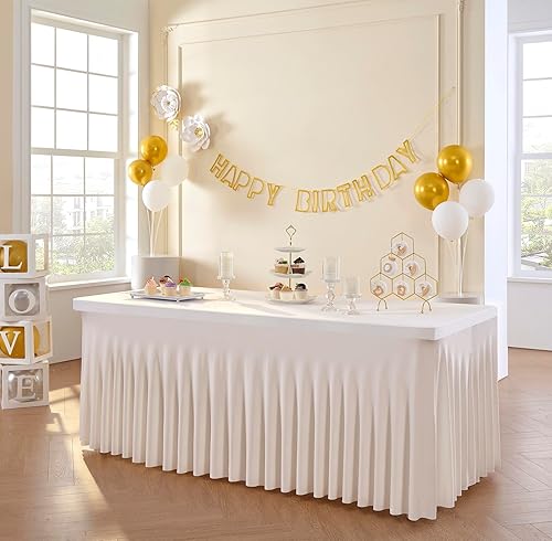 Miniatura 8 de 3 paquetes de falda de mesa de elastano de 8 pies, mantel elástico marfil, diseño de volantes sin arrugas, perfecto para mesas rectangulares,