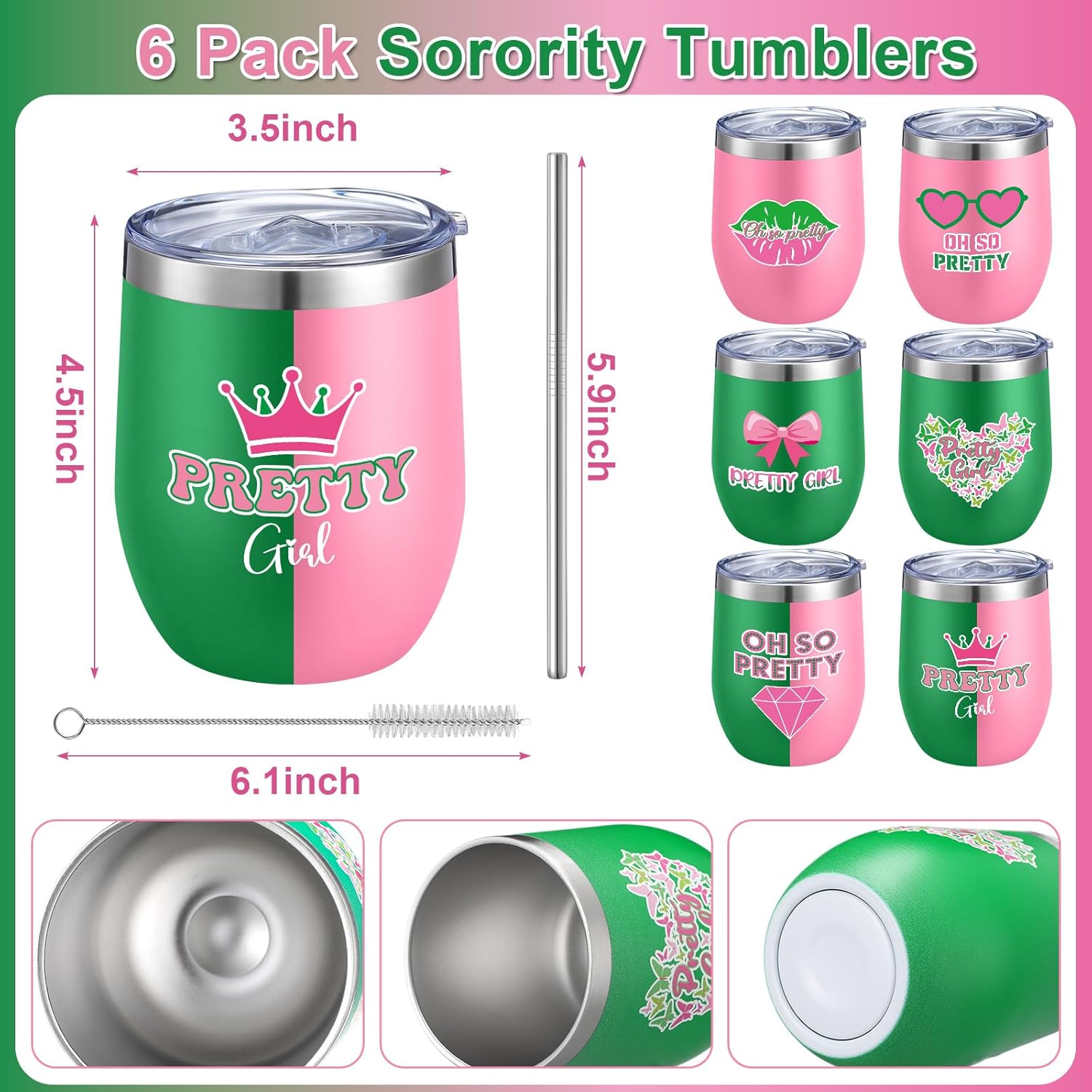 Geiserailie 6 Pack Pink and Green Sorority Gifts for Women Sisterhood Wine Cup 12 oz Stainless Steel Tumblers with Lid and Straw Pretty Girl Gift for Graduation Sisterhood Events Sorority Party Favors