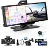 Pantalla IIWEY iK7 de 10 pulgadas con Apple CarPlay y Android Auto inalámbricos, dash cam 4K | Pantalla táctil portátil de 1600x600 a 60Hz con cámara de reversa 1080P, tarjeta de 64GB, GPS basado en el teléfono, control por voz y Mirror Link 1