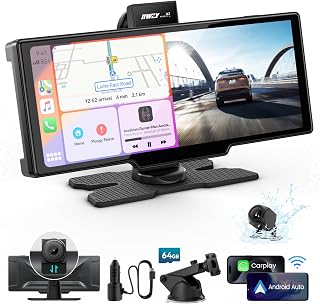 iiwey iK7 10" Portable Wireless Apple CarPlay Android Auto Screen, 4K Dash Cam, 1080P Backup Camera, GPS Navigation