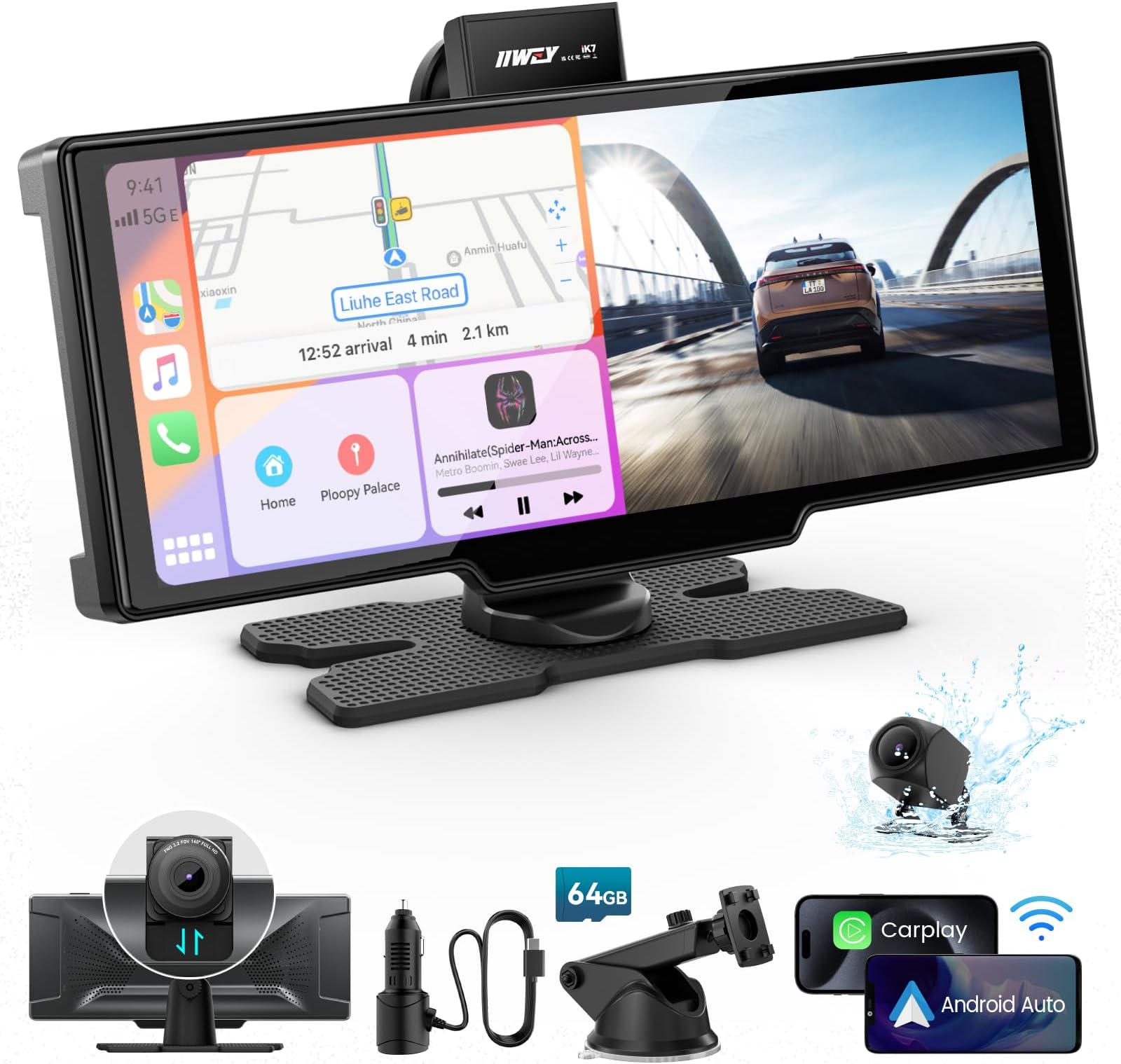 iiwey Portable Apple Carplay Screen for Car, 10’’ Car Stereo Wireless Car Play & Android Auto Touch Screen, 4K Dash Cam, 1080P Backup Camera, Mirror Link/Voice Control/Music Play/GPS Navigation