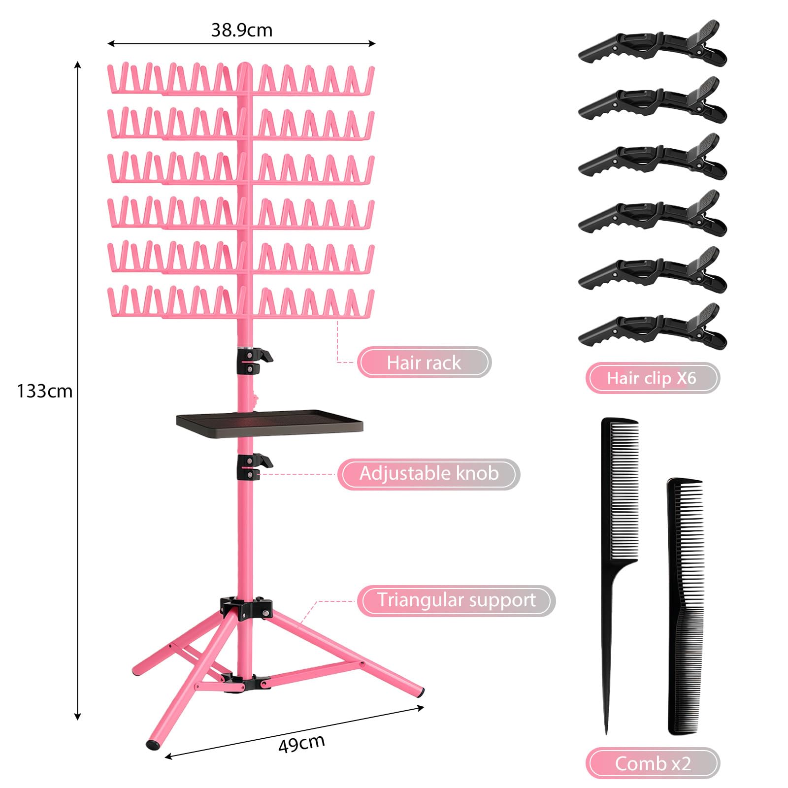 Support pour extensions capillaires à 144 broches avec plateau, pinces à cheveux et peignes - Support pour extensions capillaires - Réglable en hauteur et pliable