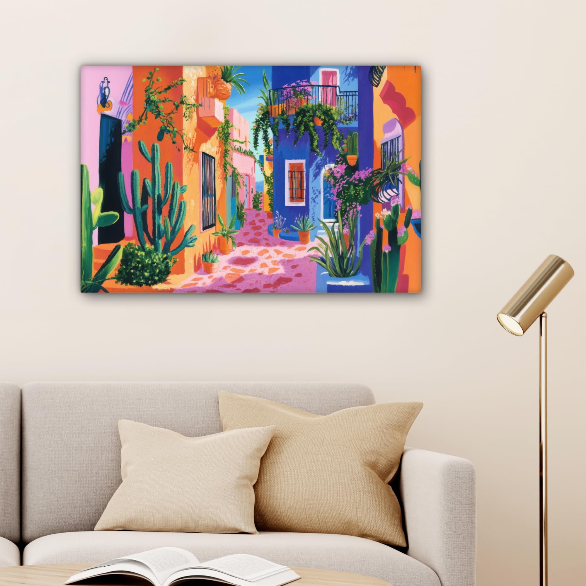 MuchoWow© Impression sur Toile Peinture 90x60 cm Tableau Mural Decoration Salon Reproductions de Tableaux Murale Moderne Jaune - Bleu - Orange - Maison