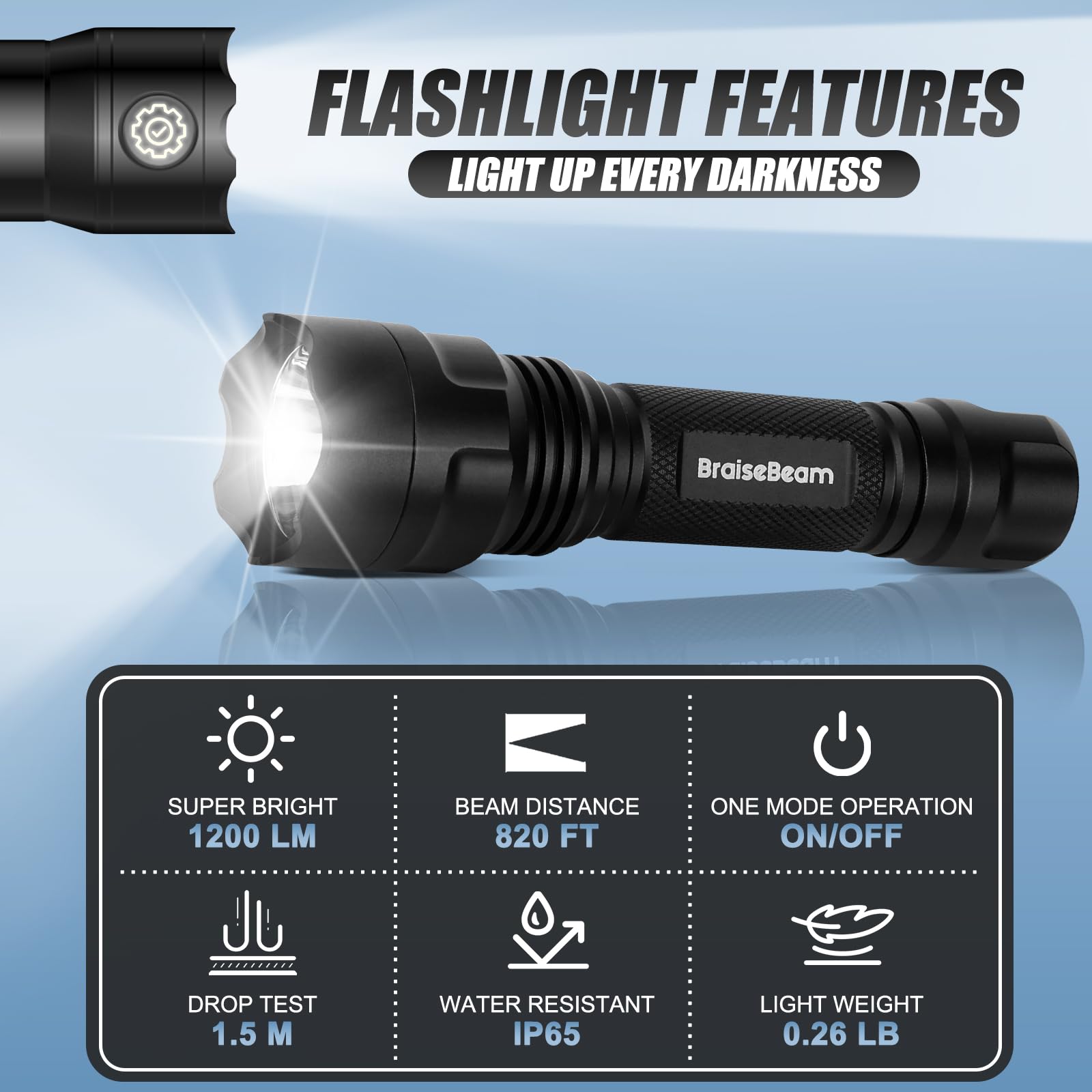 BraiseBeam Tactical Torch with Holster, 1200 High Lumens Police LED Torch with Belt Holder - Image 3