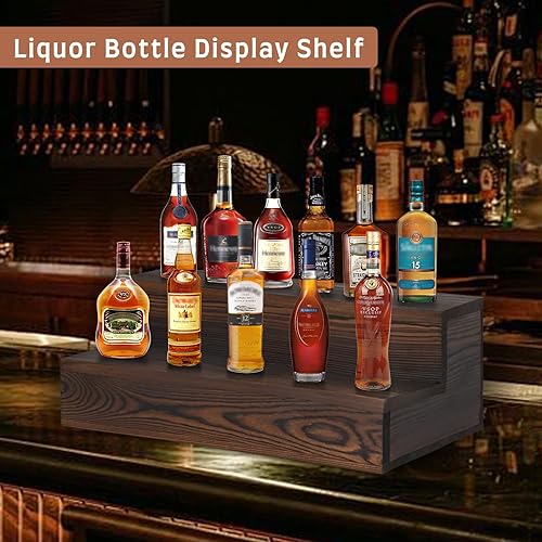 Miniatura 6 de Estante de exhibición de botellas de licor, paquete de 2 estantes de barra de madera, estante de vino de mesa, soporte para botellas para exhibición
